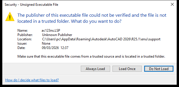 Canh bao Security Unsigned Executable File khi nap lisp ngoai thu muc tin cay