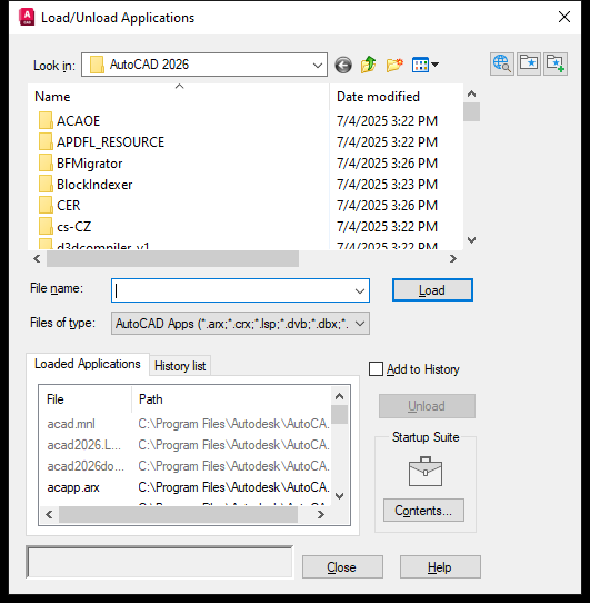Hop thoai Load Unload Applications cua lenh APPLOAD tren AutoCAD 2026