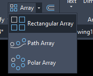 Nút Array trên bảng Modify của tab Home trong AutoCAD 2026 đang bung ra ba lựa chọn Rectangular Array, Path Array và Polar Array