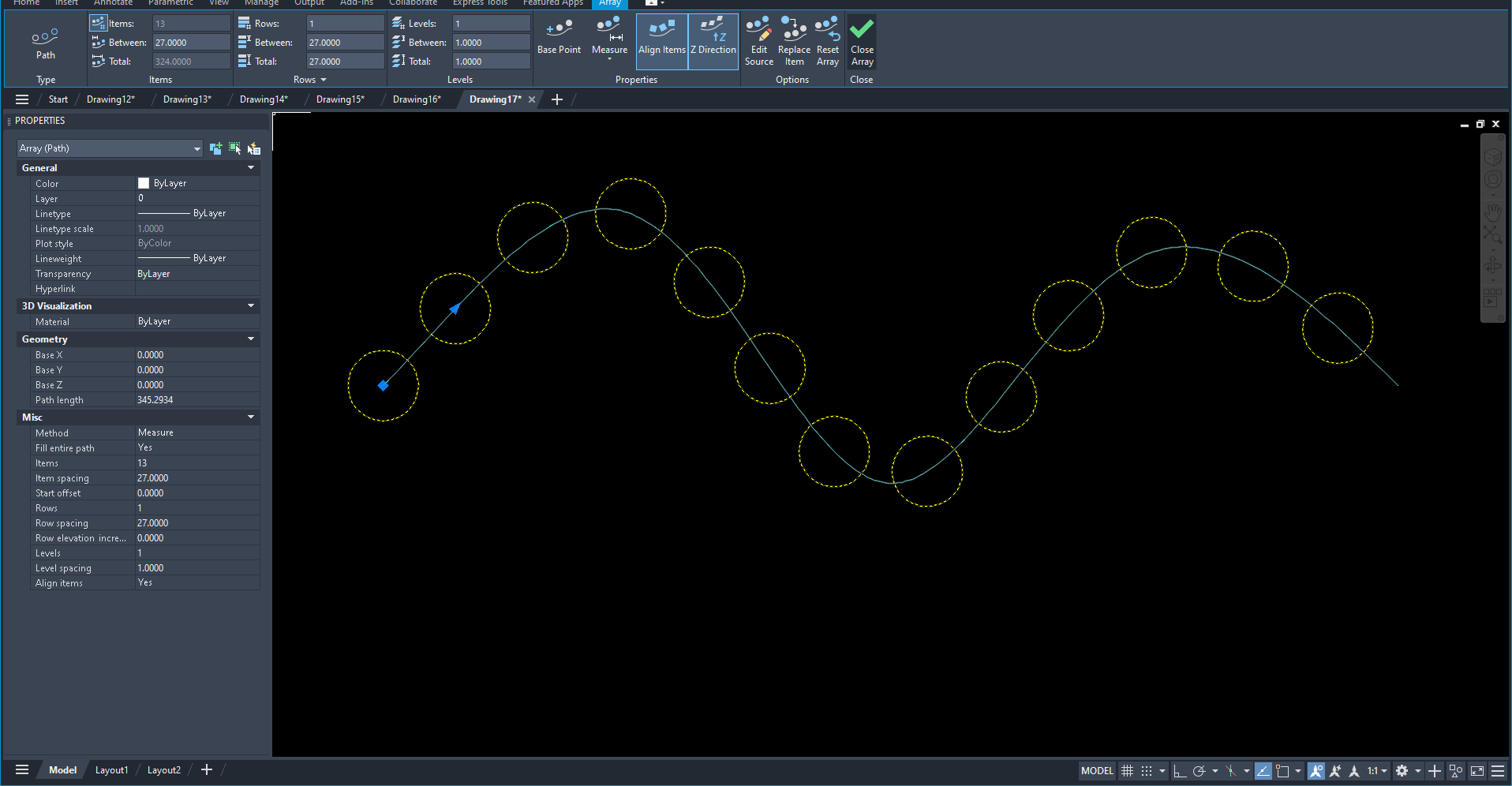 AutoCAD 2026 với mảng theo đường dẫn đang được chọn: tab ngữ cảnh Array trên ribbon và bảng Properties hiện tiêu đề Array (Path) cùng các dòng Method, Items, Item spacing, Align items