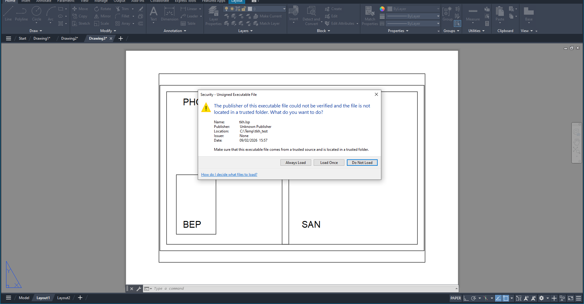 Hộp thoại Security - Unsigned Executable File của AutoCAD khi nạp tệp lisp chưa ký từ thư mục không tin cậy