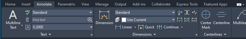 Tab Annotate trên dải lệnh AutoCAD 2026, bảng Centerlines với hai nút Center Mark và Centerline