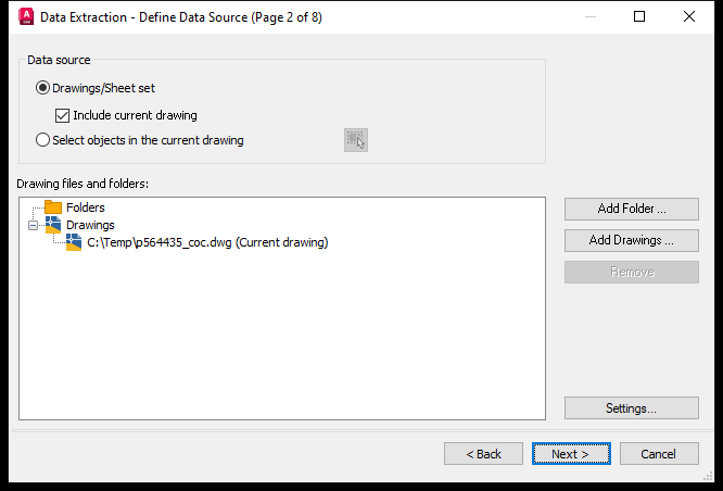 Trang 2 Define Data Source cua Data Extraction tren AutoCAD 2026