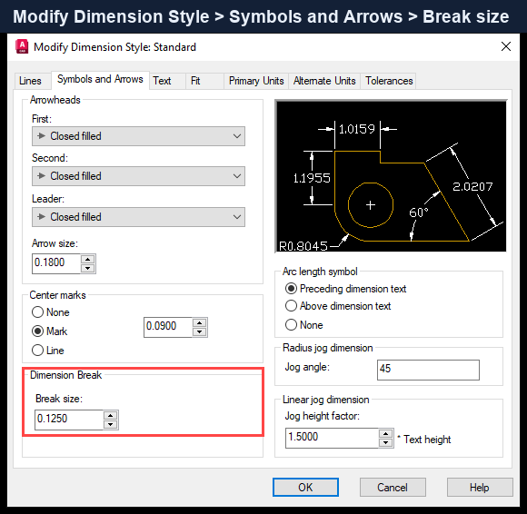 Ô Break size trong thẻ Symbols and Arrows của hộp thoại Modify Dimension Style trên AutoCAD 2026