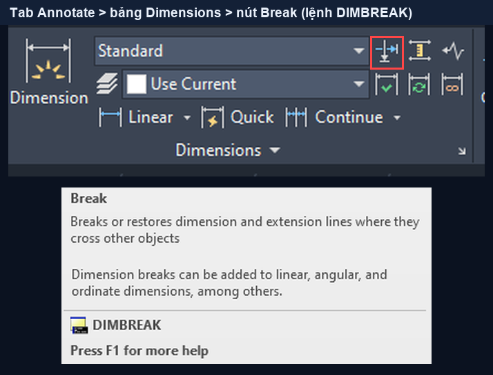 Nút Break trên bảng Dimensions của tab Annotate trong AutoCAD 2026