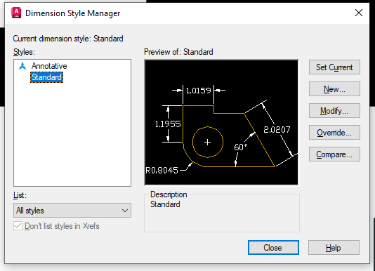 Hop thoai Dimension Style Manager tren AutoCAD 2026 voi nut Set Current va Override