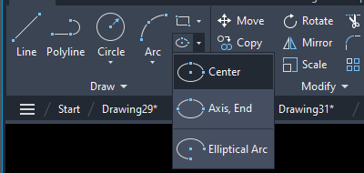Nút Ellipse trên bảng Draw của tab Home trong AutoCAD 2026 đang bung ra ba mục Center, Axis End và Elliptical Arc