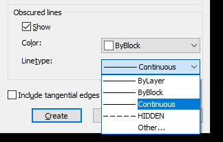 Ô Linetype của khung Obscured lines trên AutoCAD 2026 đang mở, liệt kê ByLayer, ByBlock, Continuous, HIDDEN và Other