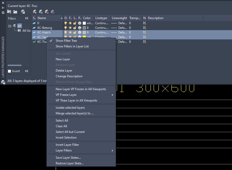 Trinh don chuot phai trong bang Layer Properties Manager AutoCAD 2026 voi muc Merge selected layer(s) to