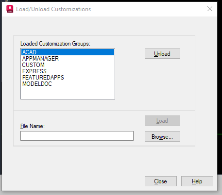 Hộp thoại Load Unload Customizations trên AutoCAD 2026