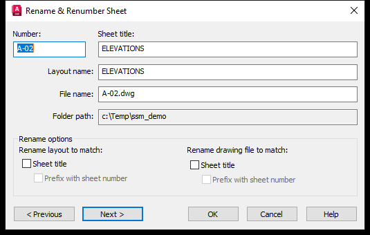 Hộp thoại Rename và Renumber Sheet trong AutoCAD 2026 với các ô Number, Sheet title, Layout name, File name và Folder path