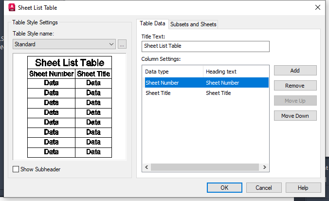 Hộp thoại Sheet List Table trong AutoCAD 2026