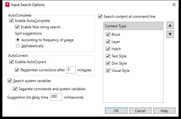 Hop thoai Input Search Options tren AutoCAD 2026 voi cac muc AutoComplete va AutoCorrect
