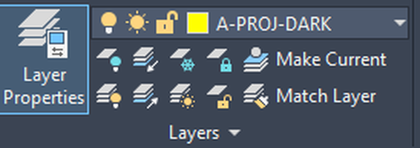 Bảng Layers trên thẻ Home của ribbon AutoCAD 2026 với nút Layer Properties, ô layer hiện hành, Make Current và Match Layer