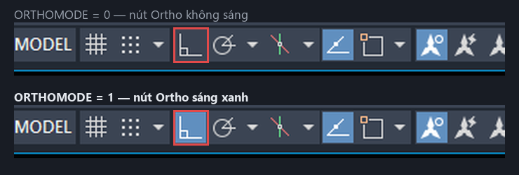 Nút Ortho trên thanh trạng thái AutoCAD 2026 ở hai trạng thái tắt và bật