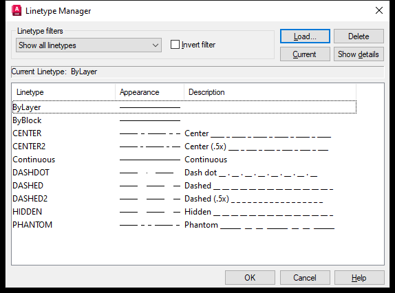 Hộp thoại Linetype Manager của AutoCAD 2026 với các kiểu đường CENTER, DASHED, HIDDEN, PHANTOM đã nạp