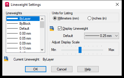 Hộp thoại Lineweight Settings của AutoCAD 2026 với danh sách bề rộng nét, ô Units for Listing chọn Millimeters và giá trị Default 0.25 mm