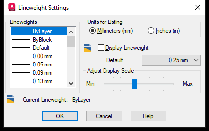 Hộp thoại Lineweight Settings của AutoCAD 2026, đơn vị milimet, ô Display Lineweight chưa tick, giá trị Default là 0.25 mm