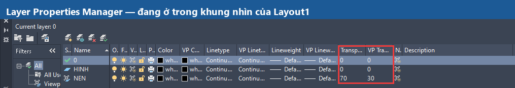 Cot VP Transparency ghi de do trong suot trong khung nhin Layout cua AutoCAD 2026