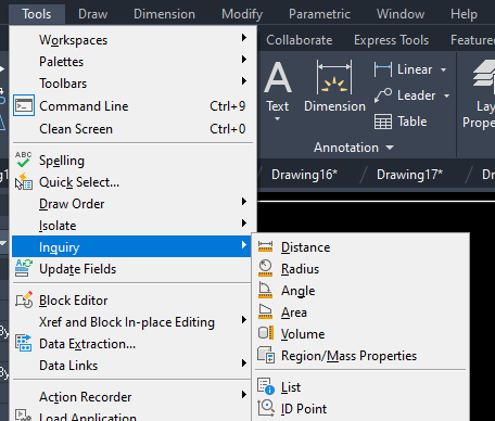 Menu Tools Inquiry Region Mass Properties trong AutoCAD 2026