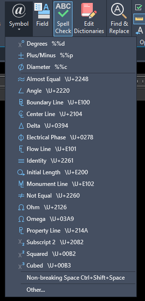 Menu Symbol trong trình soạn MTEXT của AutoCAD 2026 liệt kê Degrees, Plus Minus, Diameter, Squared, Cubed, Subscript 2