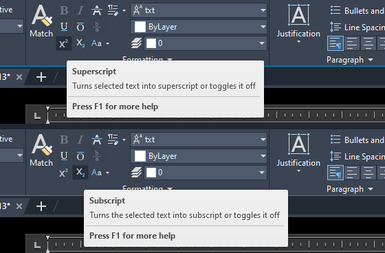 Chú giải hai nút Superscript và Subscript trong bảng Formatting của AutoCAD 2026