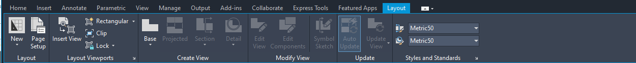 Tab Layout tren ribbon AutoCAD 2026 va bang Layout Viewports
