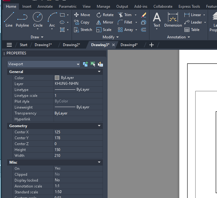 Bang Properties cua mot khung nhin trong AutoCAD 2026