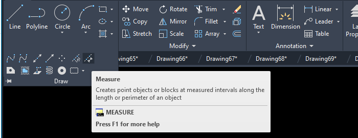 Bảng Draw của thẻ Home trong AutoCAD 2026 đã bung phần mở rộng, con trỏ dừng trên nút Measure và hiện chú giải mô tả lệnh MEASURE
