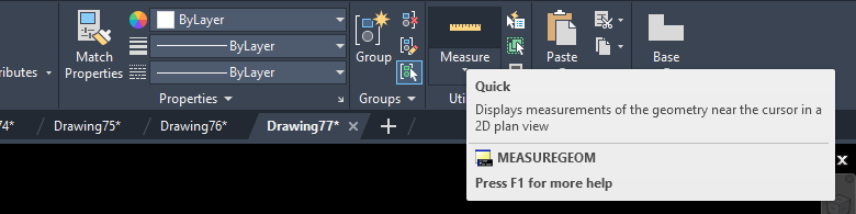 Nút Measure trên bảng Utilities của thẻ Home trong AutoCAD 2026, chú giải cho biết lệnh chạy phía sau là MEASUREGEOM