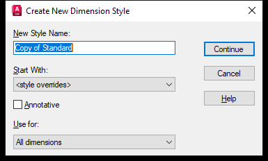 Hộp thoại Create New Dimension Style trên AutoCAD 2026