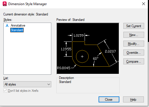 Hộp thoại Dimension Style Manager trên AutoCAD 2026