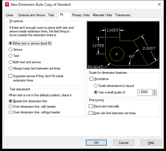 Thẻ Fit của hộp thoại New Dimension Style trên AutoCAD 2026