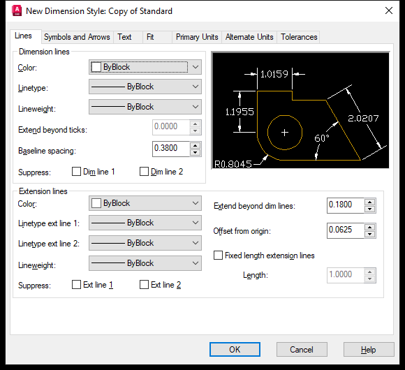 Thẻ Lines của hộp thoại New Dimension Style trên AutoCAD 2026