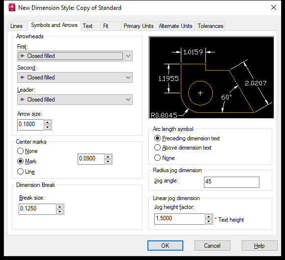 Thẻ Symbols and Arrows của hộp thoại New Dimension Style trên AutoCAD 2026
