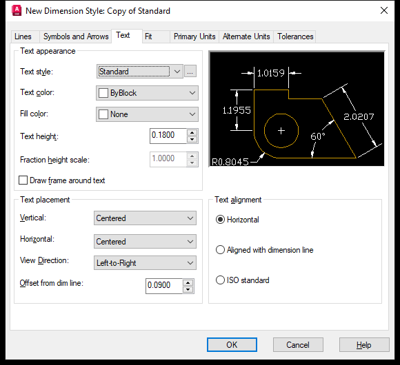 Thẻ Text của hộp thoại New Dimension Style trên AutoCAD 2026
