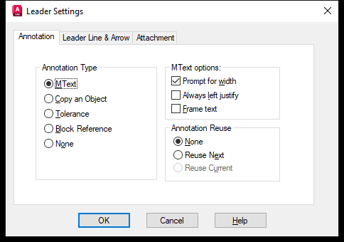 Hộp thoại Leader Settings của lệnh QLEADER trên AutoCAD 2026
