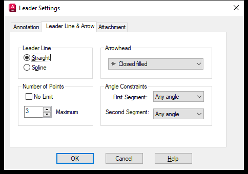Thẻ Leader Line & Arrow của hộp thoại Leader Settings trên AutoCAD 2026