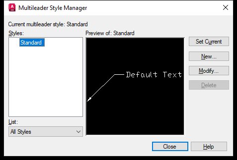 Hộp thoại Multileader Style Manager trên AutoCAD 2026