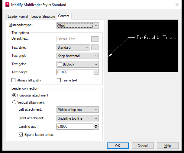 Thẻ Content của hộp thoại Modify Multileader Style trên AutoCAD 2026