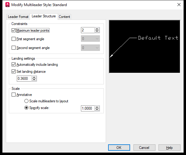 Thẻ Leader Structure của hộp thoại Modify Multileader Style trên AutoCAD 2026
