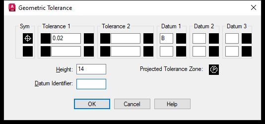 Hộp thoại Geometric Tolerance với Height bằng 14 và ô Projected Tolerance Zone đã bật hiện ký hiệu P