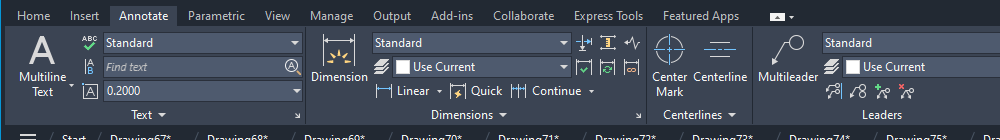Thẻ Annotate và bảng Dimensions trên ribbon AutoCAD 2026