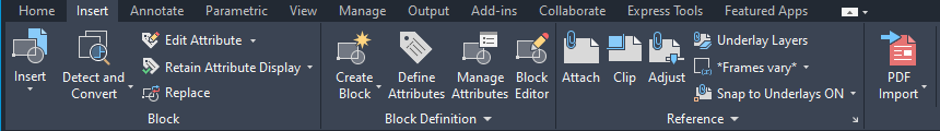 Thẻ Insert trên AutoCAD 2026 với bảng Reference và nút Attach