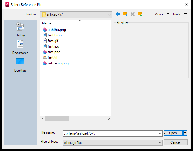 Hộp thoại Select Reference File của lệnh Imageattach trên AutoCAD 2026