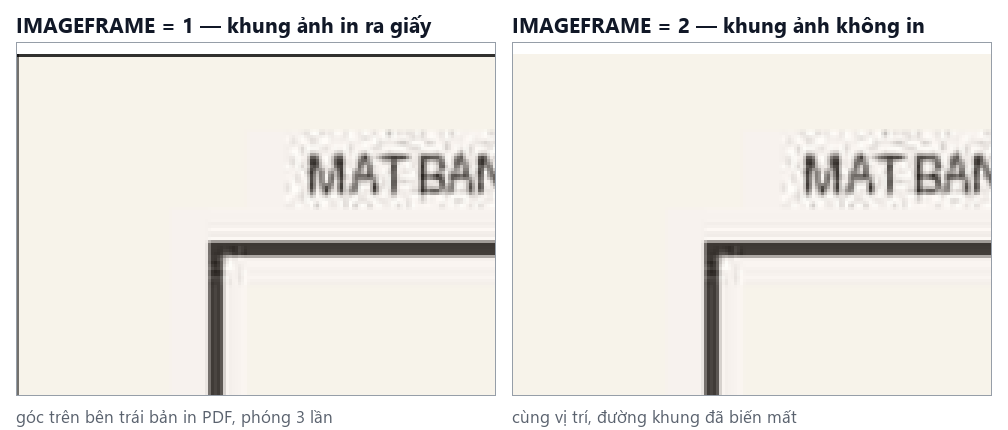 Bản in PDF từ AutoCAD 2026 với IMAGEFRAME bằng 1 và bằng 2, phóng to góc trên bên trái