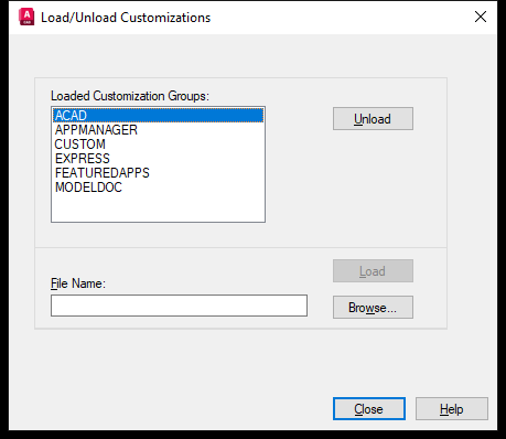 Hop thoai Load Unload Customizations tren AutoCAD 2026