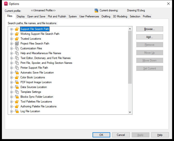 The Files trong hop thoai Options cua AutoCAD 2026