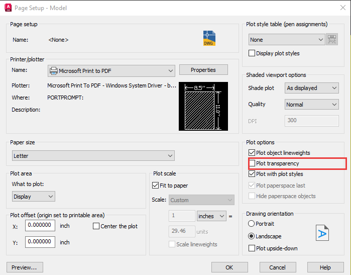 Hop thoai Page Setup cua AutoCAD 2026 voi o Plot transparency chua danh dau