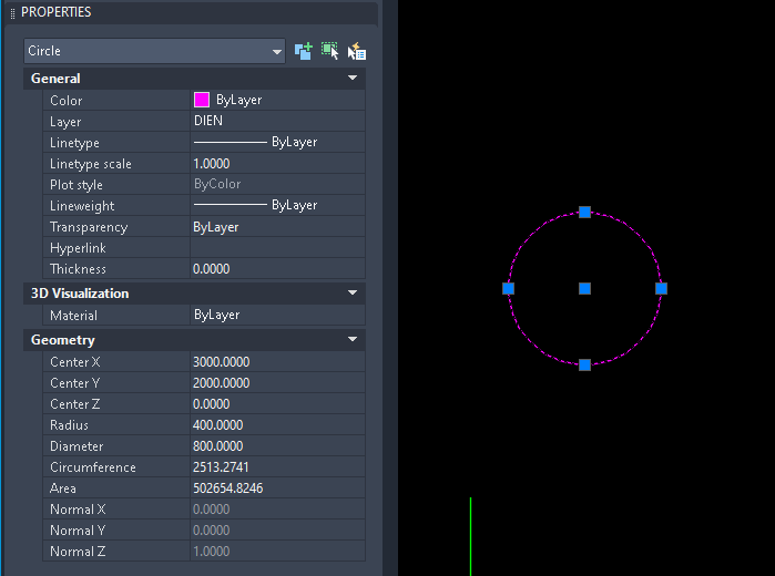 Bảng Properties của AutoCAD 2026 hiển thị một hình tròn đang được chọn, với ba nhóm General, 3D Visualization và Geometry